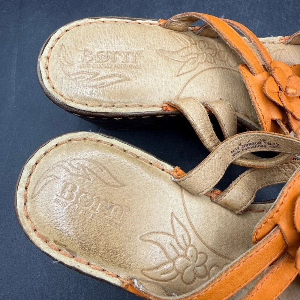 Born Flower Wedge Sandals Womens 8 Orange Leather Strappy Boho